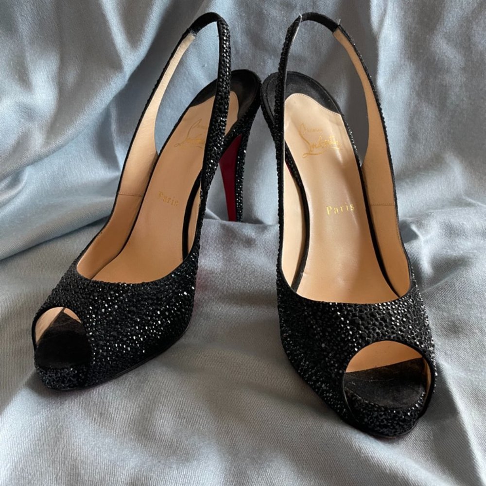 Christian Louboutin Swarovski crystal-covered black sling backheels